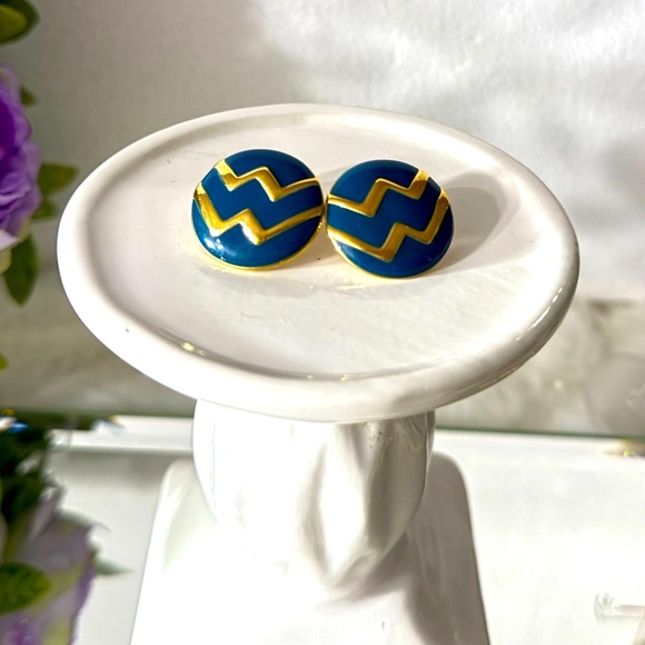 Enamel Blue and Gold Vintage Monet Earrings - Picture 3 of 6